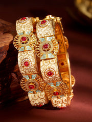 Set of 2, 22K Gold-Plated Handcrafted Traditional Bangles with Red Stones, Pearls, Blue & Peach Enamel