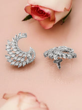 Rhodium Plated White Cubic Zirconia Studded Handcrafted Feather Shaped Statement Stud Earrings
