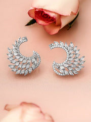 Rhodium Plated White Cubic Zirconia Studded Handcrafted Feather Shaped Statement Stud Earrings