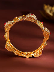 Set of 2, 22K Gold-Plated Handcrafted Traditional Bangles with Red Stones, Pearls, Blue & Peach Enamel