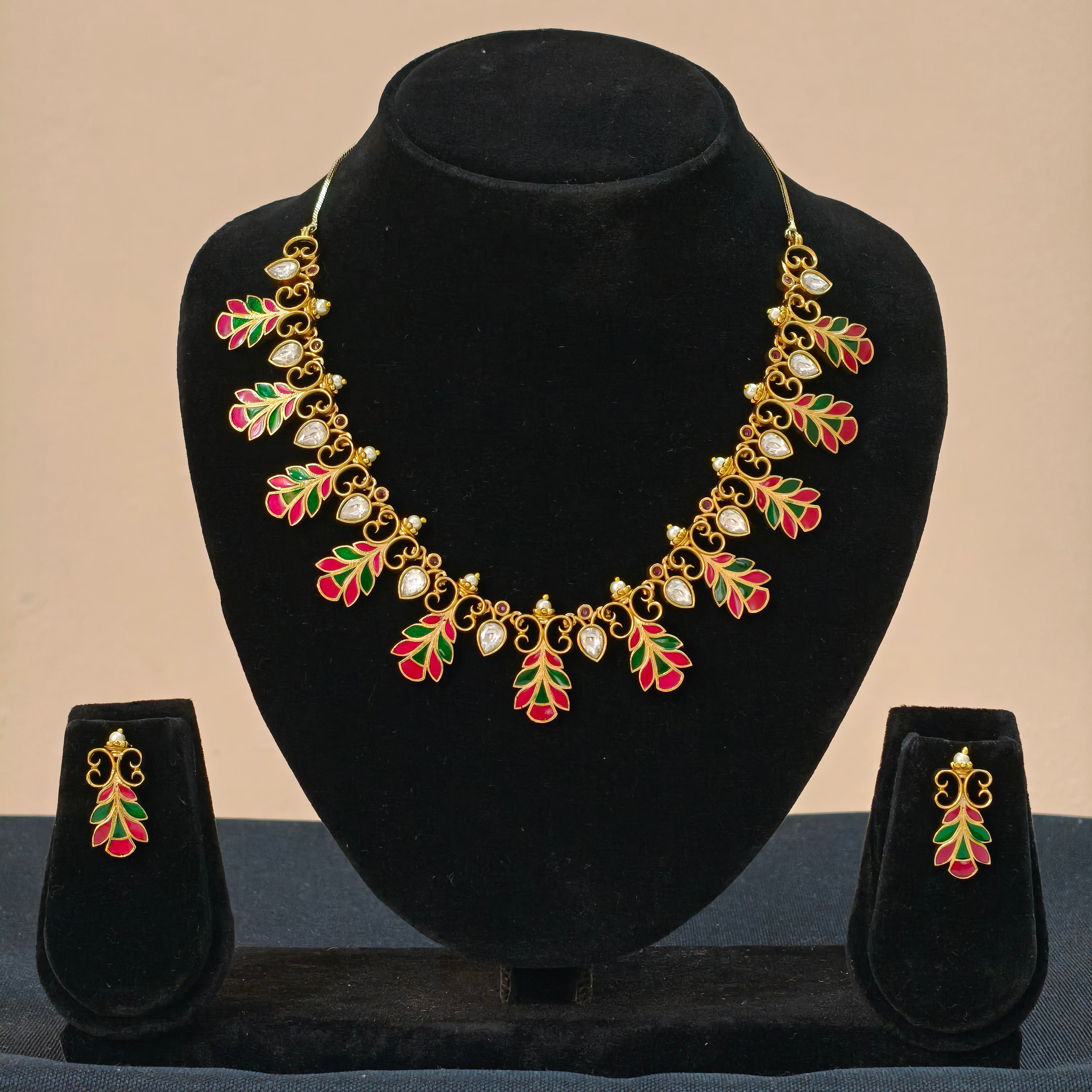 Daredove Green & Red Enamel Gold-Plated Necklace & Earrings Set – Traditional Ethnic Jewellery