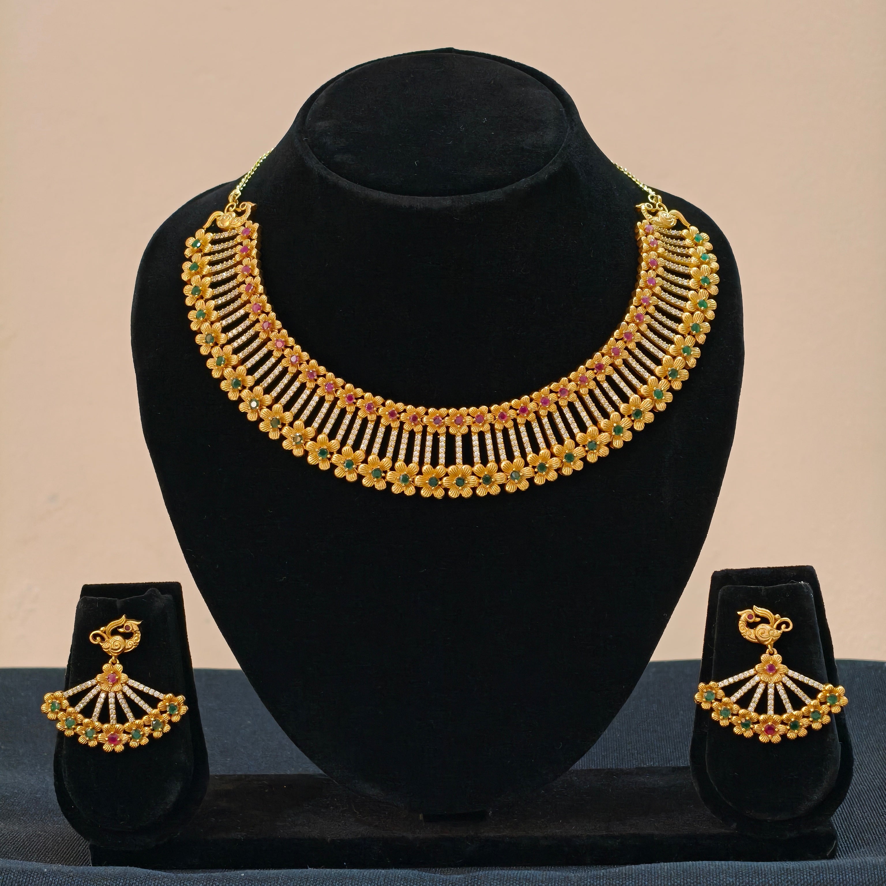 Daredove Gold-Plated Floral Fan Necklace & Earrings Set – Bridal Jewellery