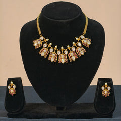 Daredove Kundan Leaf Motif Gold-Plated Necklace & Earrings Set – Ruby Enamel Bridal Jewellery