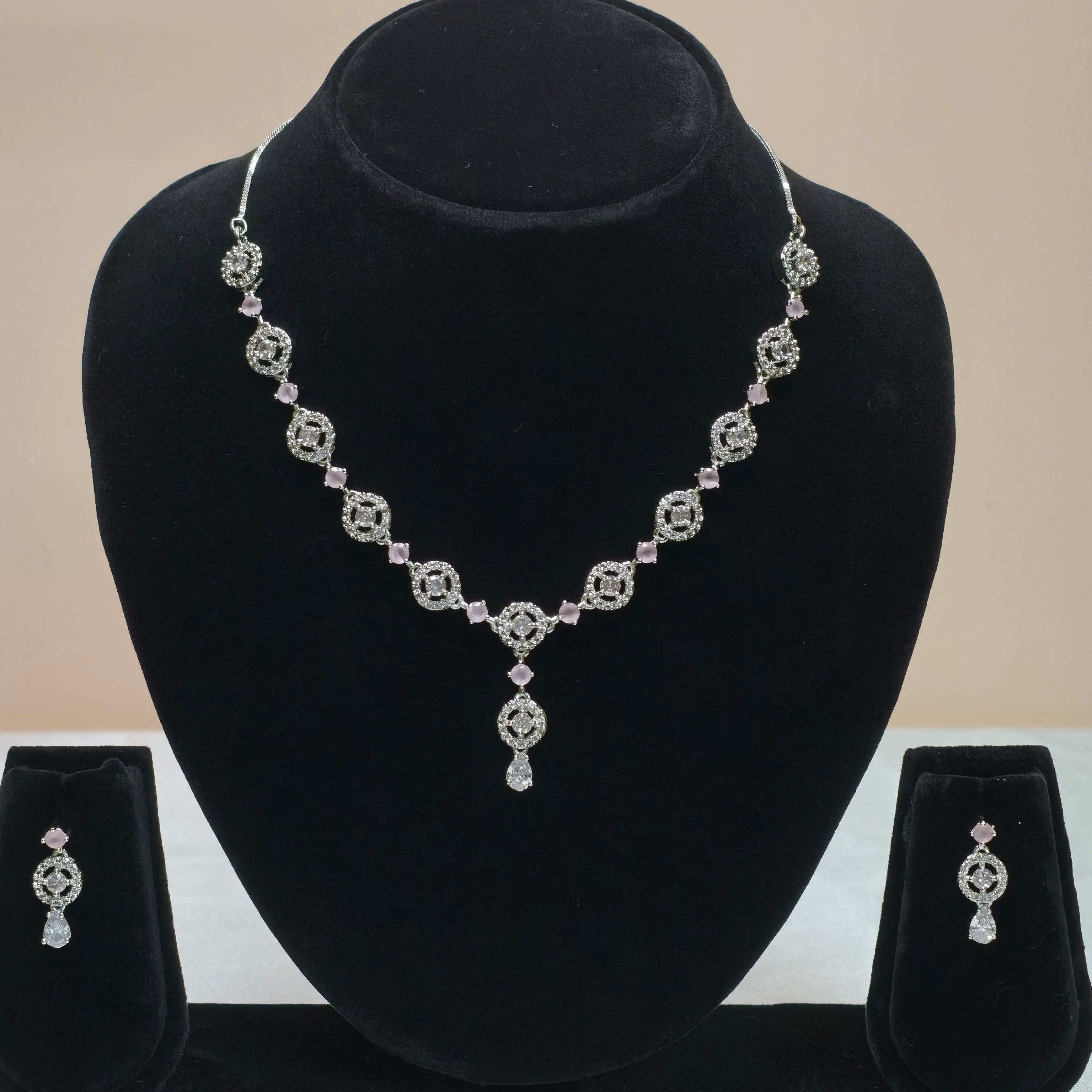Silver Square-Link Diamond Necklace Set-DD10046