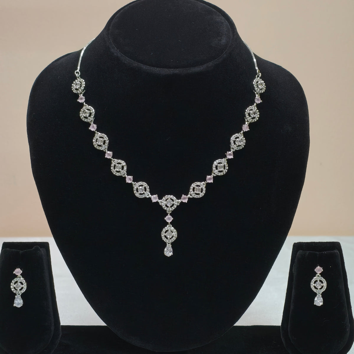 Silver Square-Link Diamond Necklace Set-DD10046