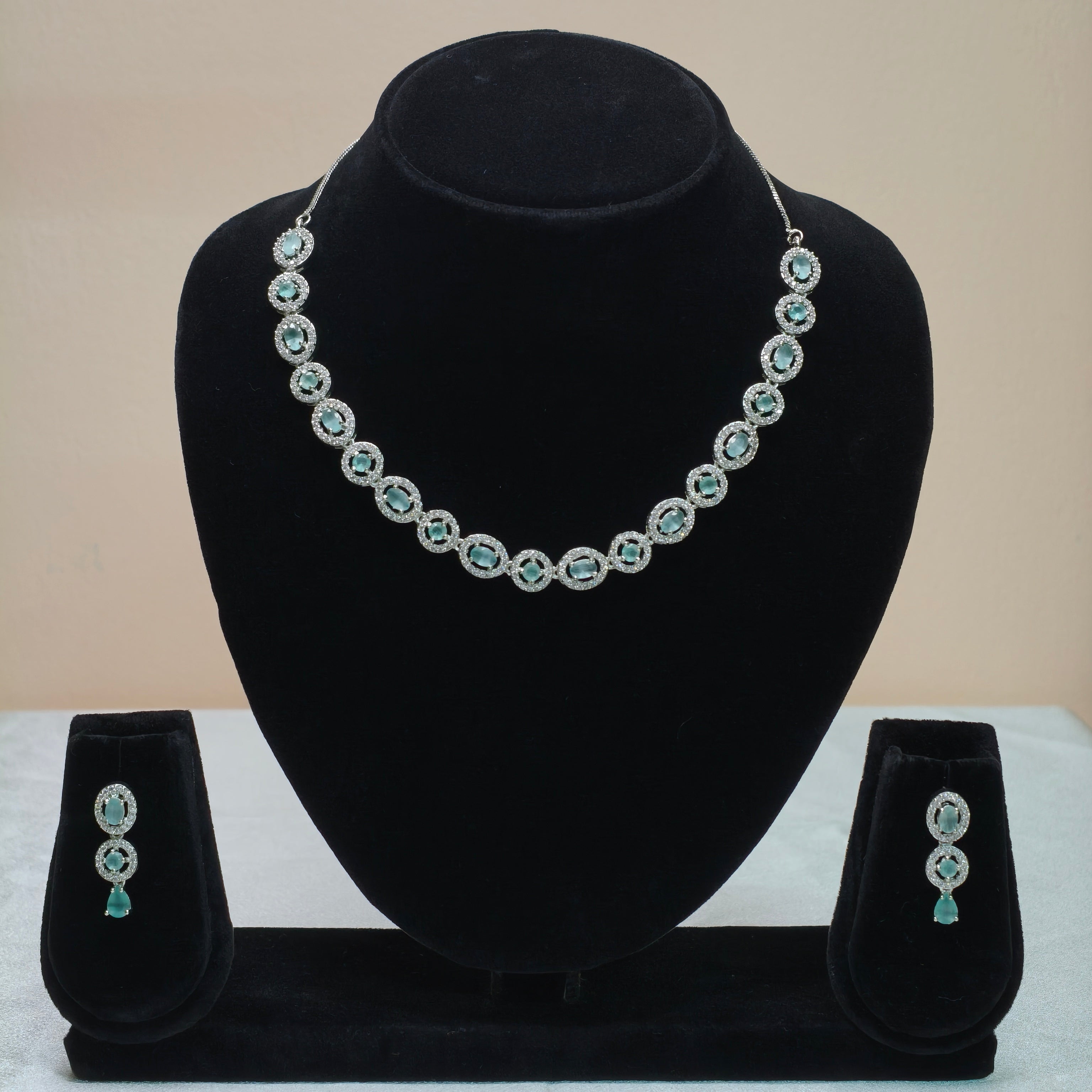Aqua Oval Halo Necklace Set-DD10047