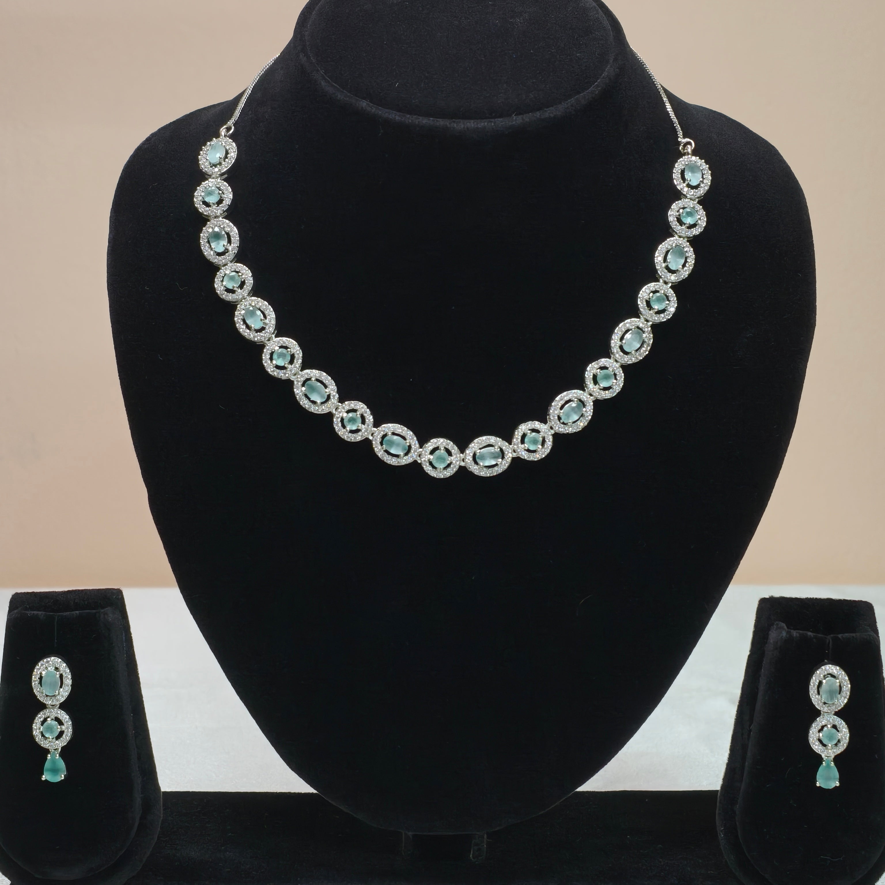 Aqua Oval Halo Necklace Set-DD10047