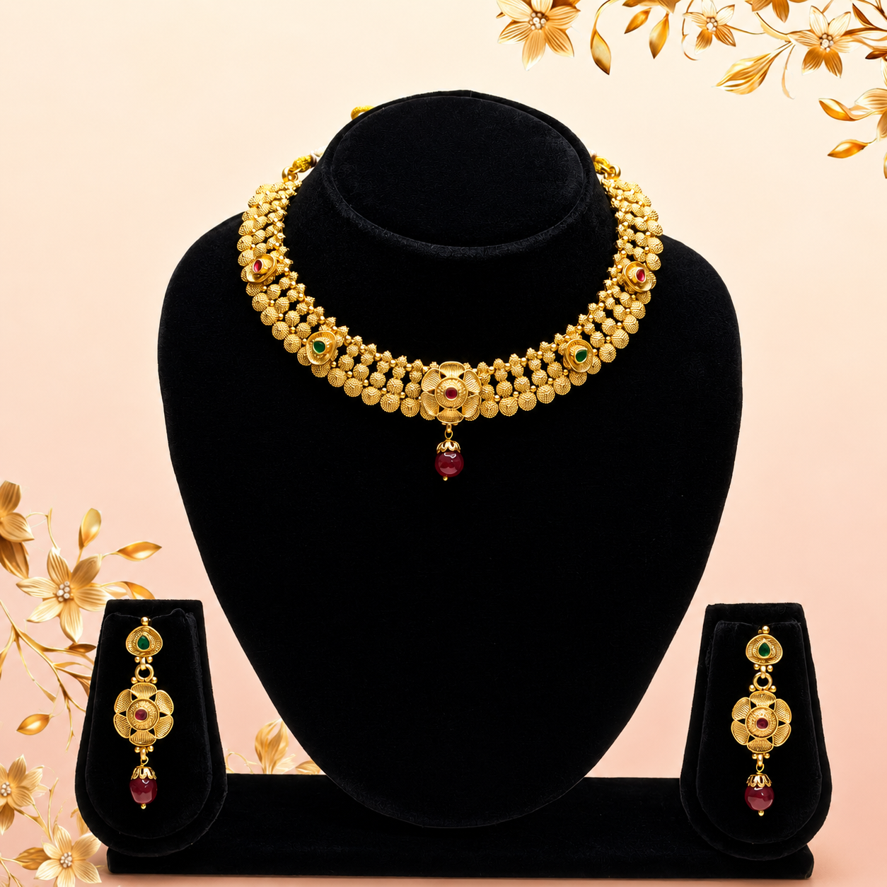 Floral Motif Temple Necklace Set-DD10023