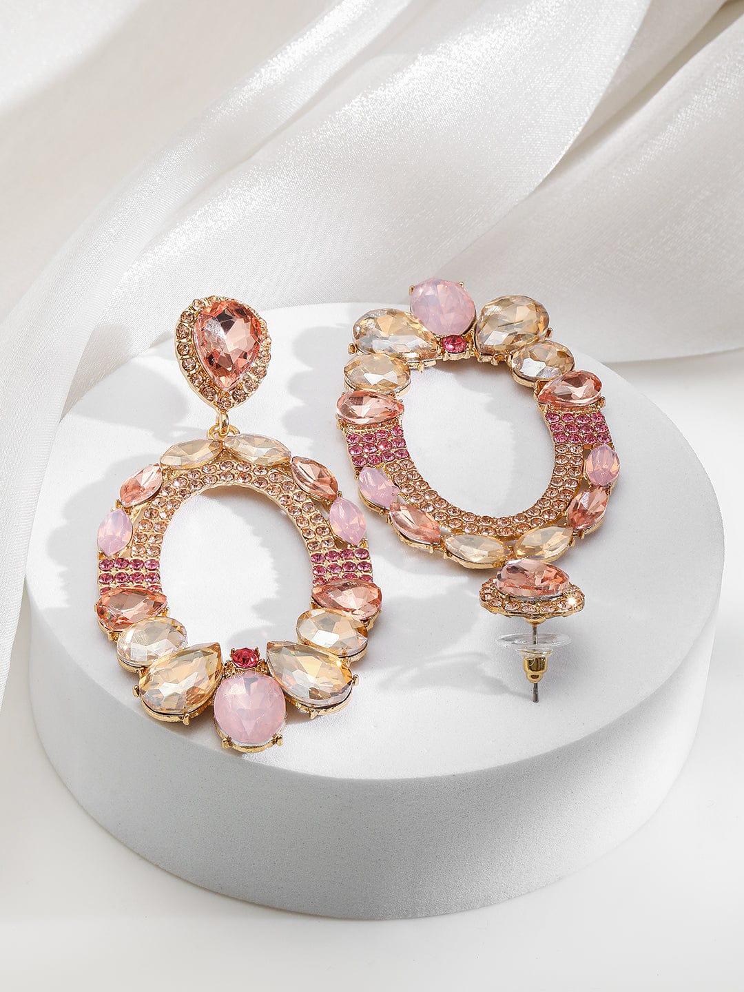 18K Gold-Plated Oval Pink & Champagne Crystal Studded Statement Dangle Earrings