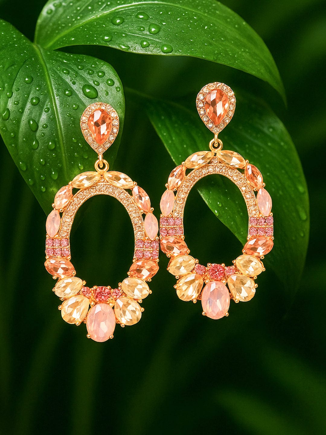 18K Gold-Plated Oval Pink & Champagne Crystal Studded Statement Dangle Earrings
