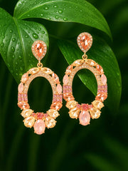 18K Gold-Plated Oval Pink & Champagne Crystal Studded Statement Dangle Earrings