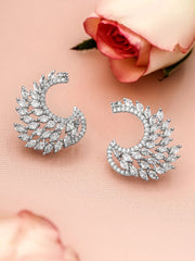 Rhodium Plated White Cubic Zirconia Studded Handcrafted Feather Shaped Statement Stud Earrings